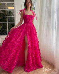 Fuchsia Lace Prom Dresses with Slit Spaghetti Strap Pockets 3D Flower Formal Dresses TO017