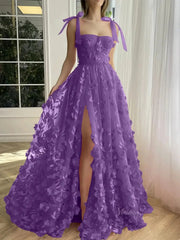 Fuchsia Lace Prom Dresses with Slit Spaghetti Strap Pockets 3D Flower Formal Dresses TO017