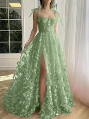 Fuchsia Lace Prom Dresses with Slit Spaghetti Strap Pockets 3D Flower Formal Dresses TO017