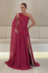 One-Shoulder Sleeveless Chiffon Evening Dresses Long with Side Slit
