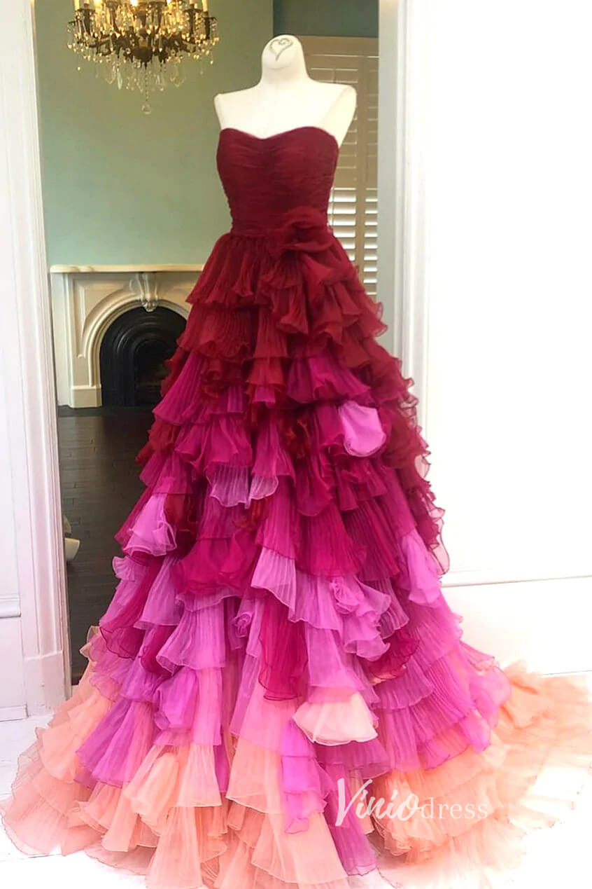 Fuchsia Ruffled Prom Dresses Strapless Formal Gown FD3266