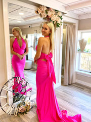 Fuchsia Satin Mermaid Prom Dresses Halter Neck Evening Dress FD3650