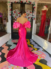 Fuchsia Satin Sheath Prom Dresses with Slit & Ruffled Flower Puffed Sleeve - FD6043