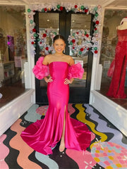 Fuchsia Satin Sheath Prom Dresses with Slit & Ruffled Flower Puffed Sleeve - FD6043