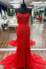 Fuchsia Spaghetti Straps Appliques Prom Dress