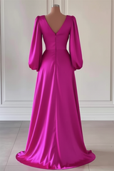 Fuchsia V-Neck Prom Dress A-Line with Long Sleeves