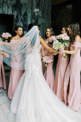 Off the Shoulder Pink Long Bridesmaid Dress with Slit