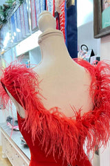 Vera | Plunging Neck Red Feather Long Formal Dress with Slit