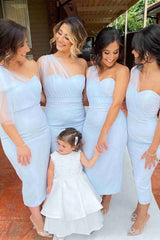 One Shoulder Pink Tea Length Mermaid Bridesmaid Dress