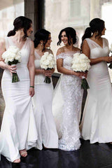 Tulle V-Neck White Mermaid Long Bridesmaid Dress