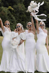 Tie Shoulder White Satin Mermaid Long Bridesmaid Dress