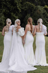 Tie Shoulder White Satin Mermaid Long Bridesmaid Dress