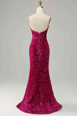 Fuchsia Strapless Sequins Long Prom Dress with Slit