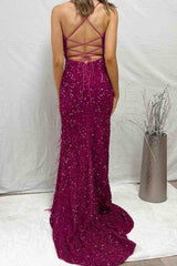 Mermaid Sequins Lace-Up Back Slit Long Prom Dress with Feathers