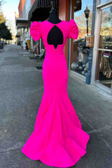 Deep V-Neck Hot Pink Mermaid Long Prom Dress with Balloon Sleeves