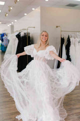 Princess Off-Shoulder Light Blue Ruffle Long Prom Dress with Balloon Sleeves