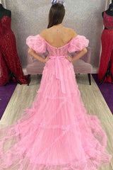 Princess Off-Shoulder Light Blue Ruffle Long Prom Dress with Balloon Sleeves