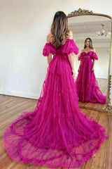 Princess Off-Shoulder Light Blue Ruffle Long Prom Dress with Balloon Sleeves