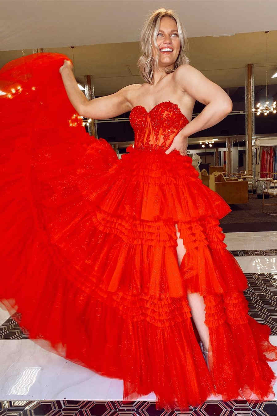 Red Sweetheart Sequins Top Multi-Layers Prom Dress