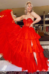 Red Sweetheart Sequins Top Multi-Layers Prom Dress
