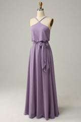 Chiffon Yellow Halter Long Bridesmaid Dress with Belt