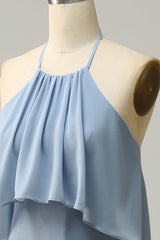 Halter Dusty Blue Bohemian Chiffon Bridesmaid Dress