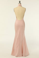 Mermaid Blush Pink Halter Long Bridesmaid Dress