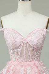 Princess Pink Sweetheart Embroidered Layered Tulle Homecoming Dress