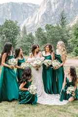 Cowl Neck Champagne A-Line Long Bridesmaid Dress with Slit