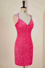 Double Straps Hot Pink Sequin Bodycon Homecoming Dress