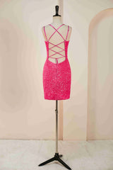 Double Straps Hot Pink Sequin Bodycon Homecoming Dress