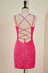 Double Straps Hot Pink Sequin Bodycon Homecoming Dress