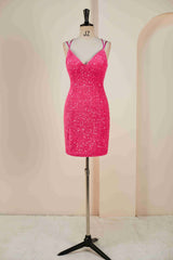 Double Straps Hot Pink Sequin Bodycon Homecoming Dress