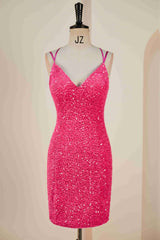 Double Straps Hot Pink Sequin Bodycon Homecoming Dress