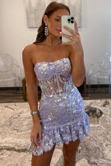 Strapless Lavender Sequin Appliques Short Homecoming Dress with Ruffle Hem