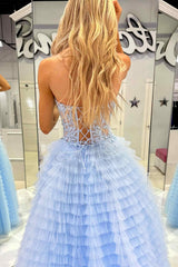 Sweetheart Yellow Lace Corset Tiered Tulle Prom Dress