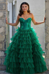 Strapless Black Corset A-Line Layered Prom Dress with Slit