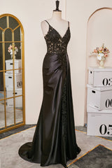 V-Neck Black Sheer Lace Corset Mermaid Prom Dress with Slit