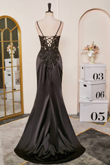 V-Neck Black Sheer Lace Corset Mermaid Prom Dress with Slit