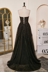 Sweetheart Black Corset Lace-Up Long Prom Dress with Appliques