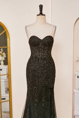 Mermaid Sweetheart Black Appliques Slit Long Prom Dress