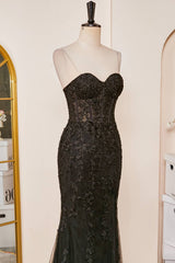 Mermaid Sweetheart Black Appliques Slit Long Prom Dress