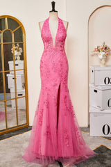 Mermaid Hot Pink Halter Appliques Long Prom Dress with Slit