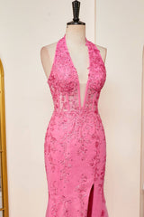 Mermaid Hot Pink Halter Appliques Long Prom Dress with Slit