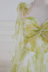 Tie Straps Yellow Floral Print Ruffles Tulle Long Prom Dress