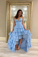 V-Neck Straps Fuchsia Ruffle Chiffon Prom Dress with Slit