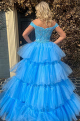 Off the Shoulder Sky Blue Layered Hi-Low Party Dress
