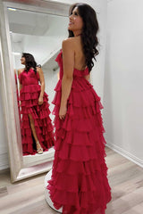 Red Halter Ruffle Tiered Chiffon Prom Dress with Slit