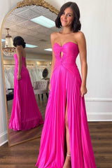 Sweetheart Hot Pink Keyhole Pleated A-Line Prom Dress