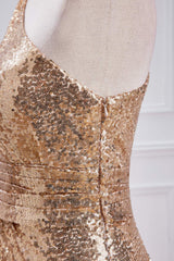 One Shoulder Pleated Gold Sequin Mermaid Bridesmaid Dress